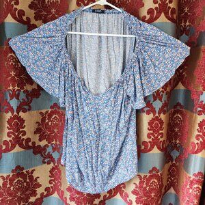 Chaps Floral Print Blouse 1X Blue with Red & White Flowers Flowy Sleeves